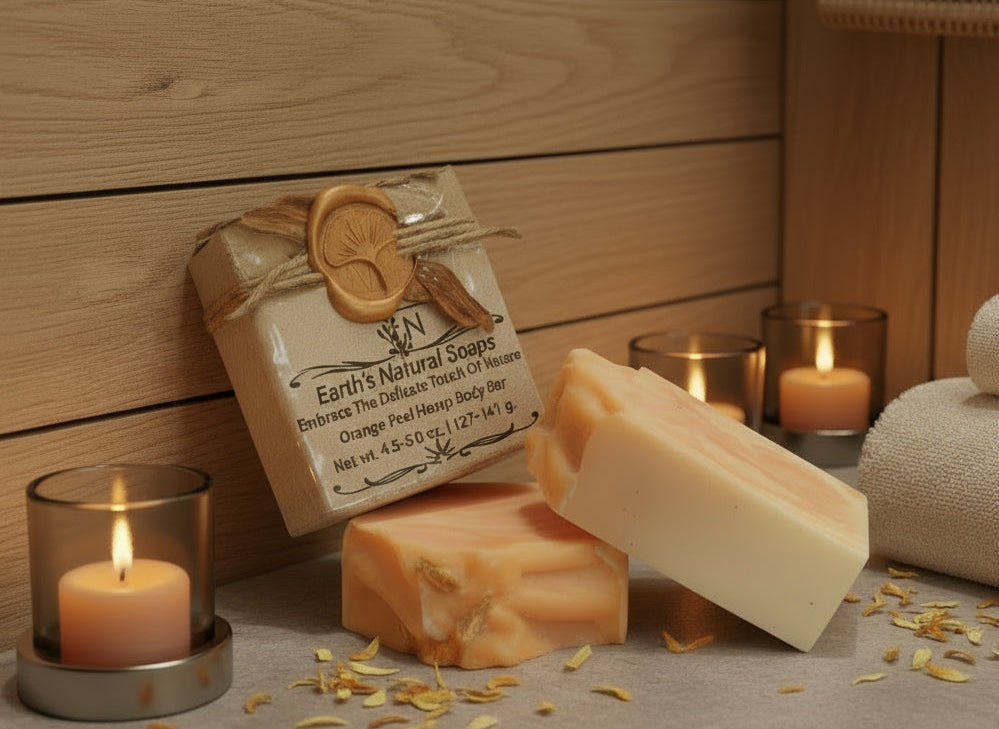 Handmade organic orange peel hemp body bar with dried orange zest and hemp seeds, sunny marbled swirl on white marble, fresh citrus spa vibe