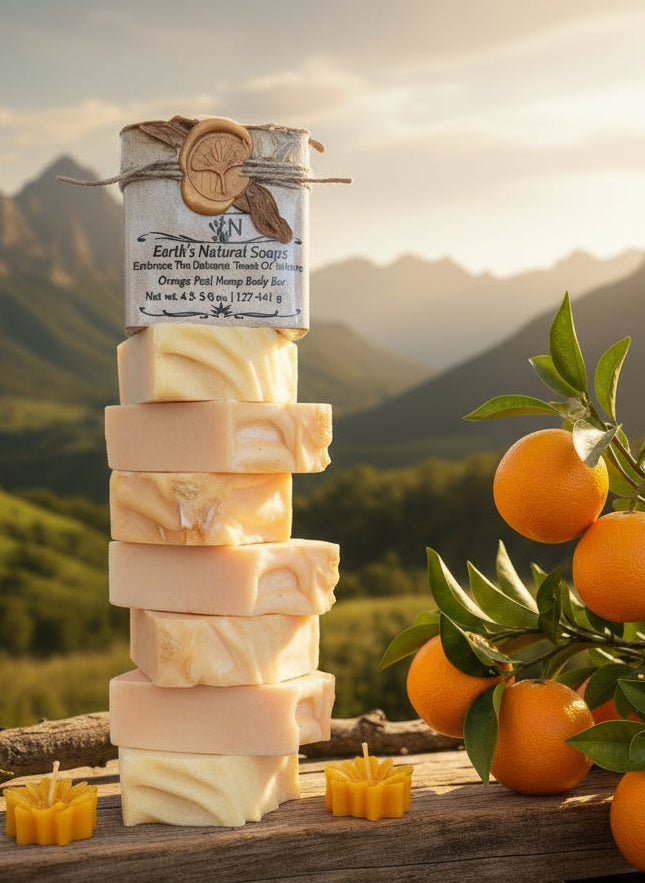 → Creamy citrus lather from orange hemp soap in hands, fluffy foam with visible orange flecks  