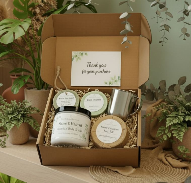 Luxurious Shave & Haircut Gift Box featuring handmade organic soap on a rope, eucalyptus shower steamers, stainless steel shaving cup with soap bars, and whipped sugar body scrub arranged on a rustic wooden background with fresh botanical accents