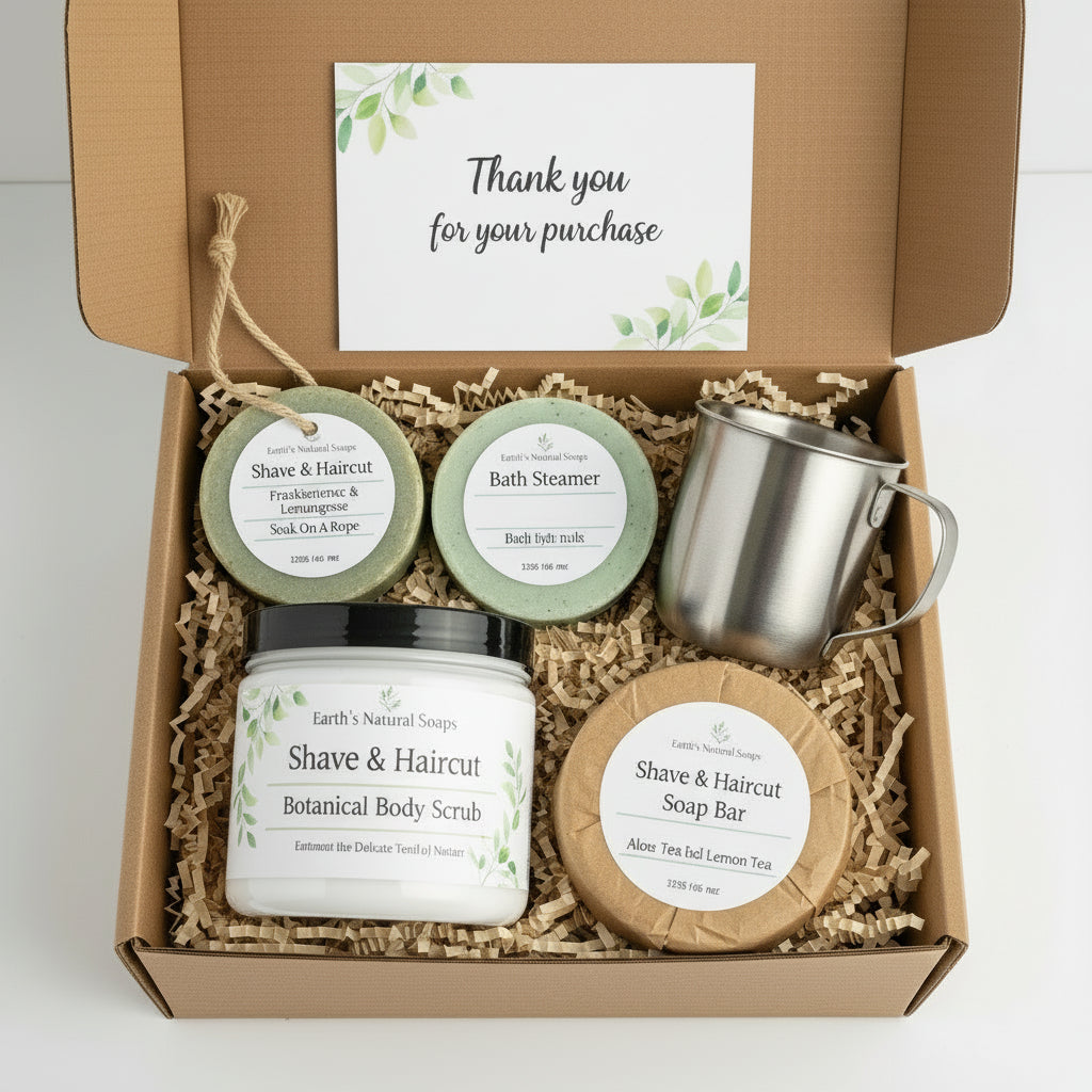 Luxurious Shave & Haircut Gift Box featuring handmade organic soap on a rope, eucalyptus shower steamers, stainless steel shaving cup with soap bars, and whipped sugar body scrub arranged on a rustic wooden background with fresh botanical accents