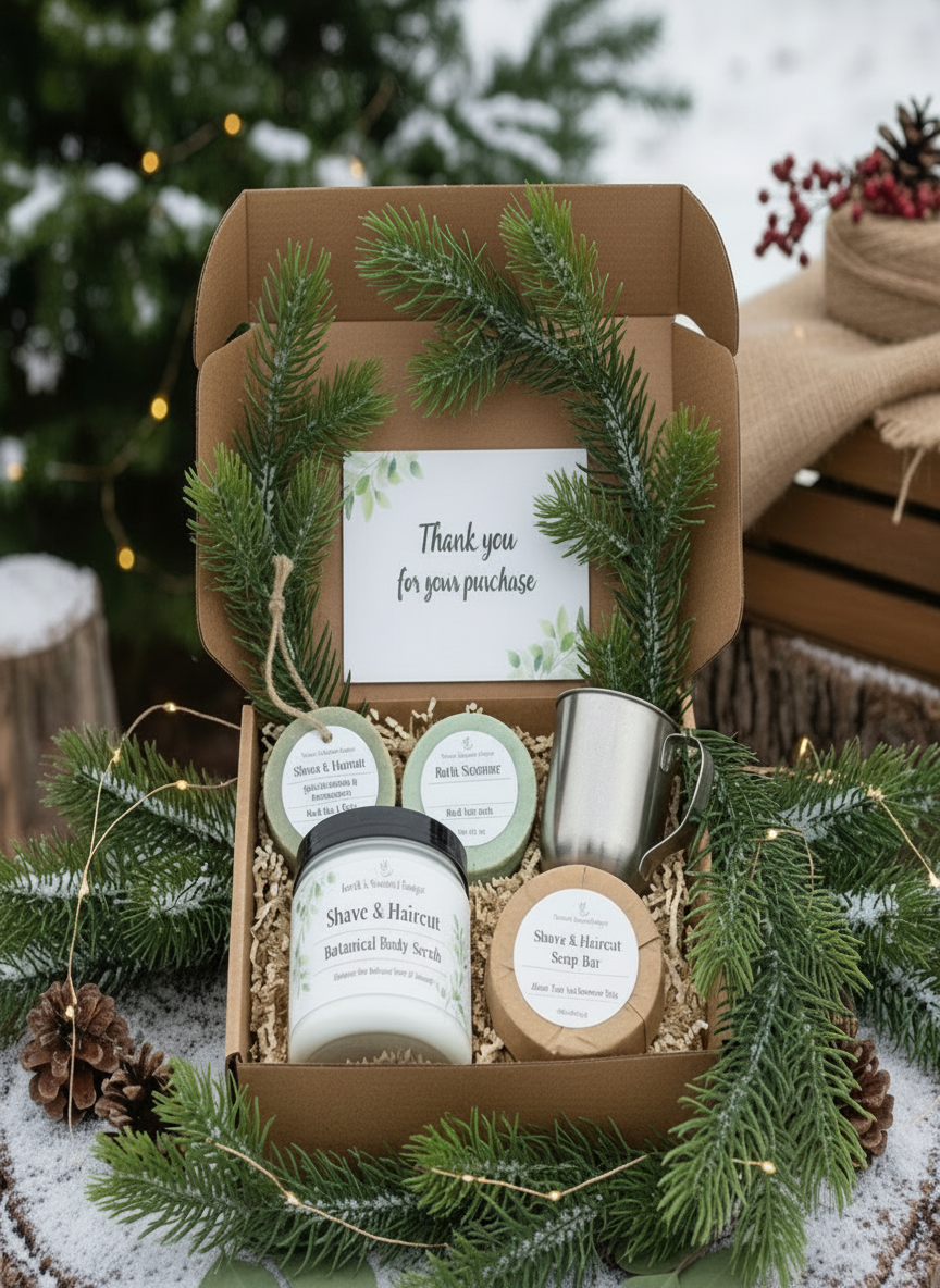 Luxurious Shave & Haircut Gift Box featuring handmade organic soap on a rope, eucalyptus shower steamers, stainless steel shaving cup with soap bars, and whipped sugar body scrub arranged on a rustic wooden background with fresh botanical accents