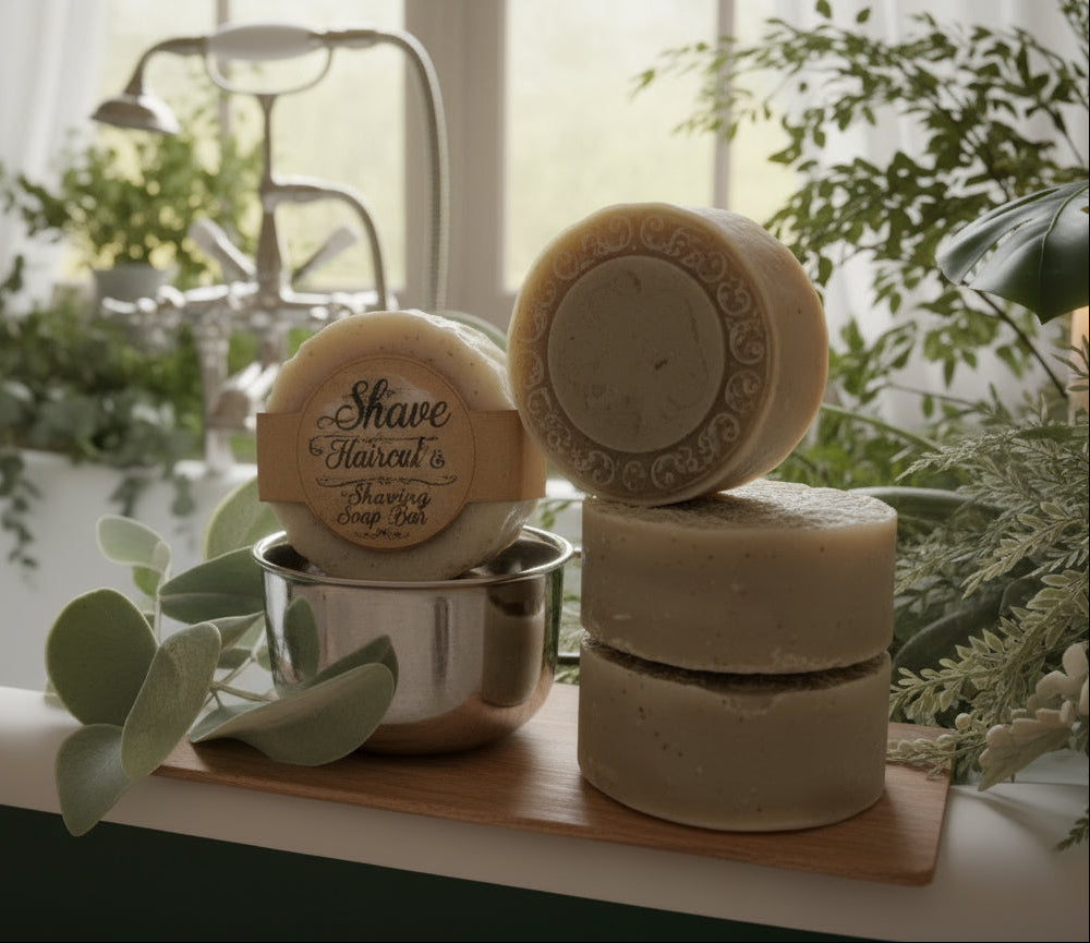 Handmade Organic Shave & Haircut Shaving Soap Bar with Stainless Steel Shaving Cup.