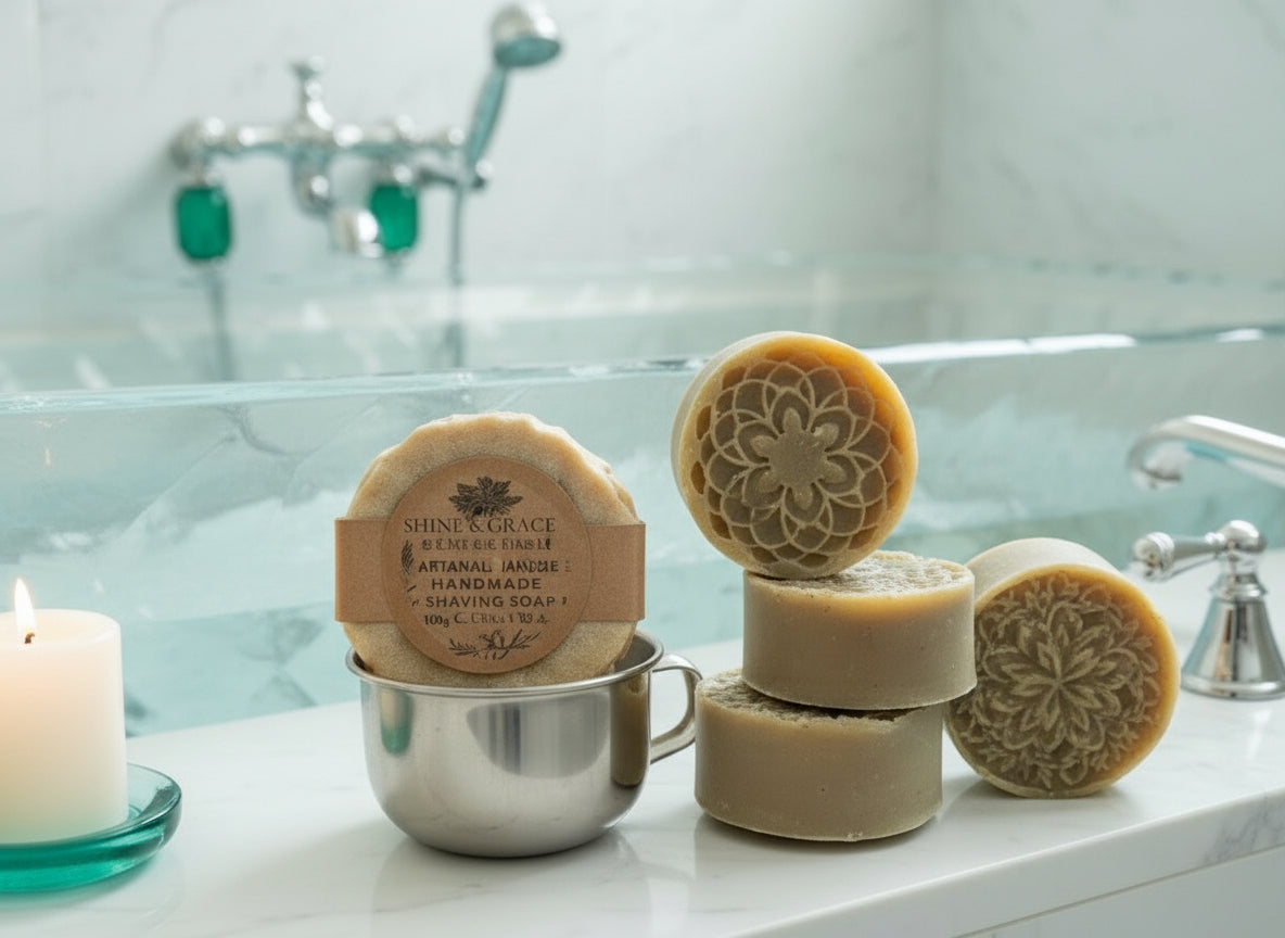 Handmade Organic Shave & Haircut Shaving Soap Bar with Stainless Steel Shaving Cup.