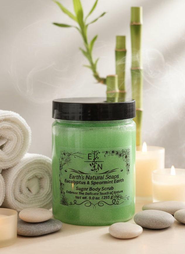 Handmade Organic Eucalyptus & Spearmint Refresh Skincare Gift Set with Body Scrub, Bath Soak, and Botanical Soap.
