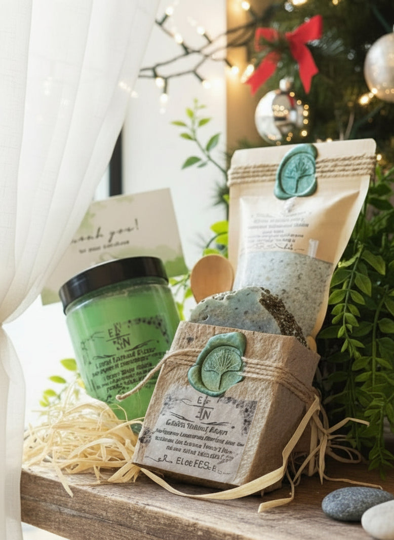 Handmade Organic Eucalyptus & Spearmint Refresh Skincare Gift Set with Body Scrub, Bath Soak, and Botanical Soap.