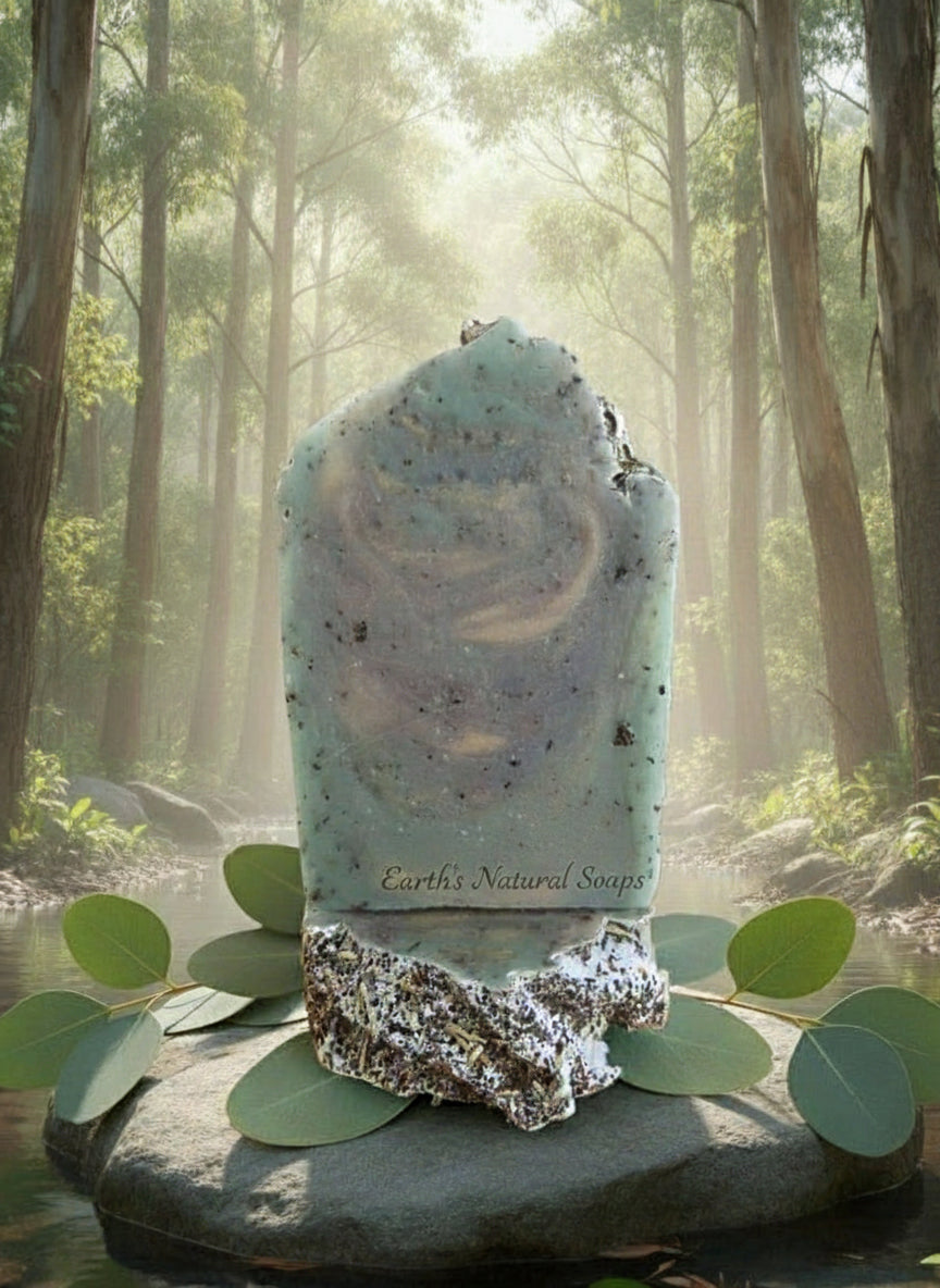 Handmade Organic Eucalyptus & Spearmint Refresh Skincare Gift Set with Body Scrub, Bath Soak, and Botanical Soap.