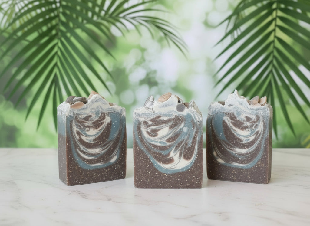 Handmade organic Ticket To Paradise aloe oatmeal hemp body bar with oat flecks and green swirls, tropical spa vibe on white linen with melon slice