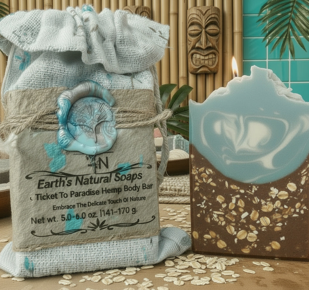 Silky lather from aloe oatmeal hemp soap in hands, creamy foam with visible oats and tropical scent 