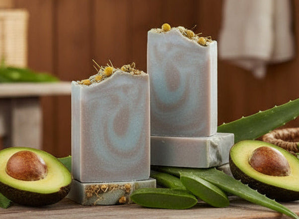 Handmade organic unscented tallow aloe avocado bentonite hemp body bar with green clay swirl and dried herbs, on white stone with fresh aloe leaf, clean spa minimalism