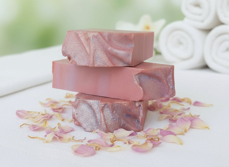 Velvety lather from bergamot green tea soap in hands, creamy foam with sea salt crystals and woody scent  