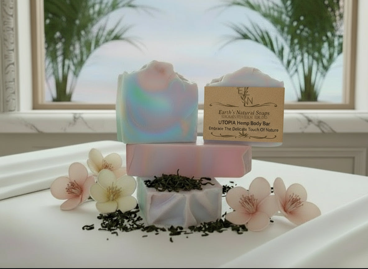 Handmade organic Utopia tallow hemp body bar with emerald green tea swirls and gold mica, bergamot slices on marble with sandalwood smoke, luxury spa serenity