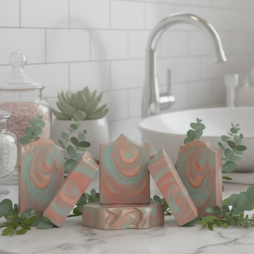 Handmade organic Utopia tallow hemp body bar with emerald green tea swirls and gold mica, bergamot slices on marble with sandalwood smoke, luxury spa serenity