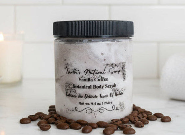 Close-up of handmade organic vanilla coffee whipped sugar scrub in a jar with coffee beans and vanilla pods, creamy texture, natural skincare exfoliant