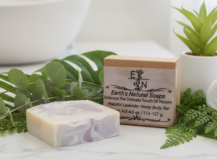 Small, Medium, Large sizes of Handmade Peaceful Lavender Hemp Body Bar  