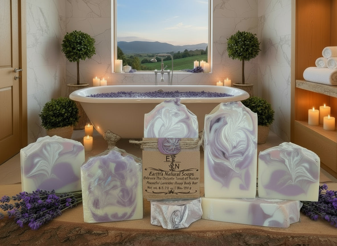 Handmade Peaceful Lavender Hemp Body Bar Soap with dried lavender flowers