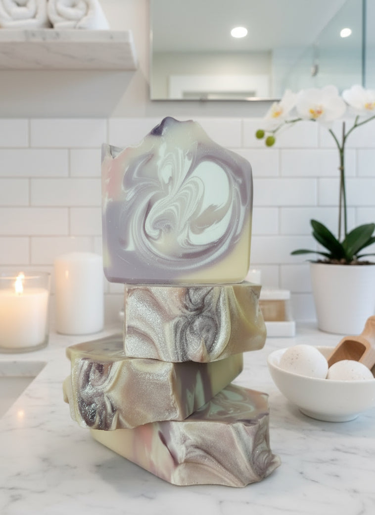 Handmade Peaceful Lavender Hemp Body Bar ingredients: hemp, oat milk, lavender oil  