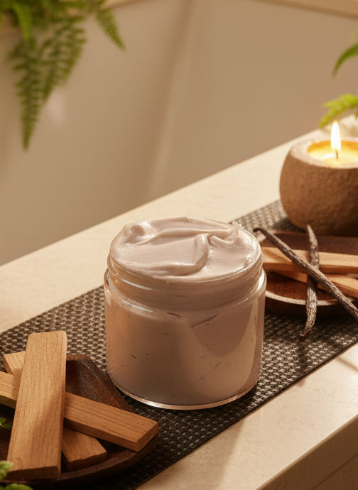 Handmade Sandalwood & Vanilla Botanical Whipped Body Butter in a 4 oz jar, featuring organic shea butter, cocoa butter, and hempseed oil for natural hydration and a soothing woody-vanilla scent—perfect for dry skin relief and eco-friendly skincare.