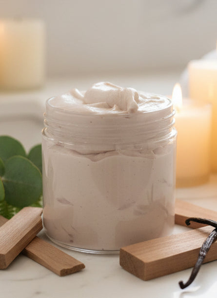 Handmade Sandalwood & Vanilla Botanical Whipped Body Butter in a 4 oz jar, featuring organic shea butter, cocoa butter, and hempseed oil for natural hydration and a soothing woody-vanilla scent—perfect for dry skin relief and eco-friendly skincare.