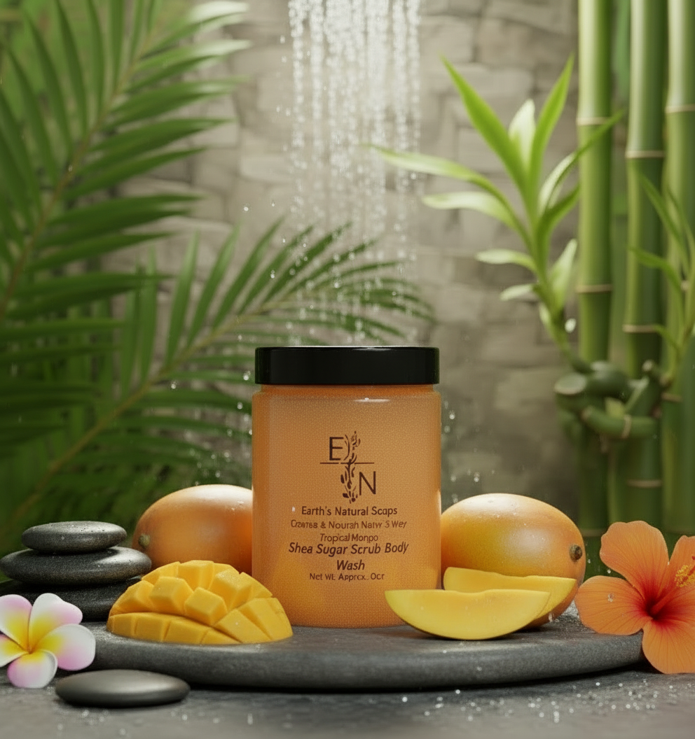 Close-up of exfoliating texture in Tropical Botanical Mango Sugar Body Scrub with shea butter and essential oils