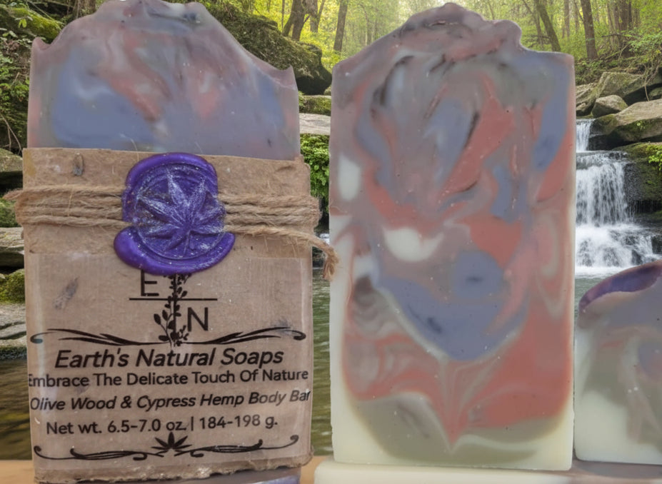 Handmade olive wood cypress hemp body bar in shower with rich creamy lather and Italian coastal scent