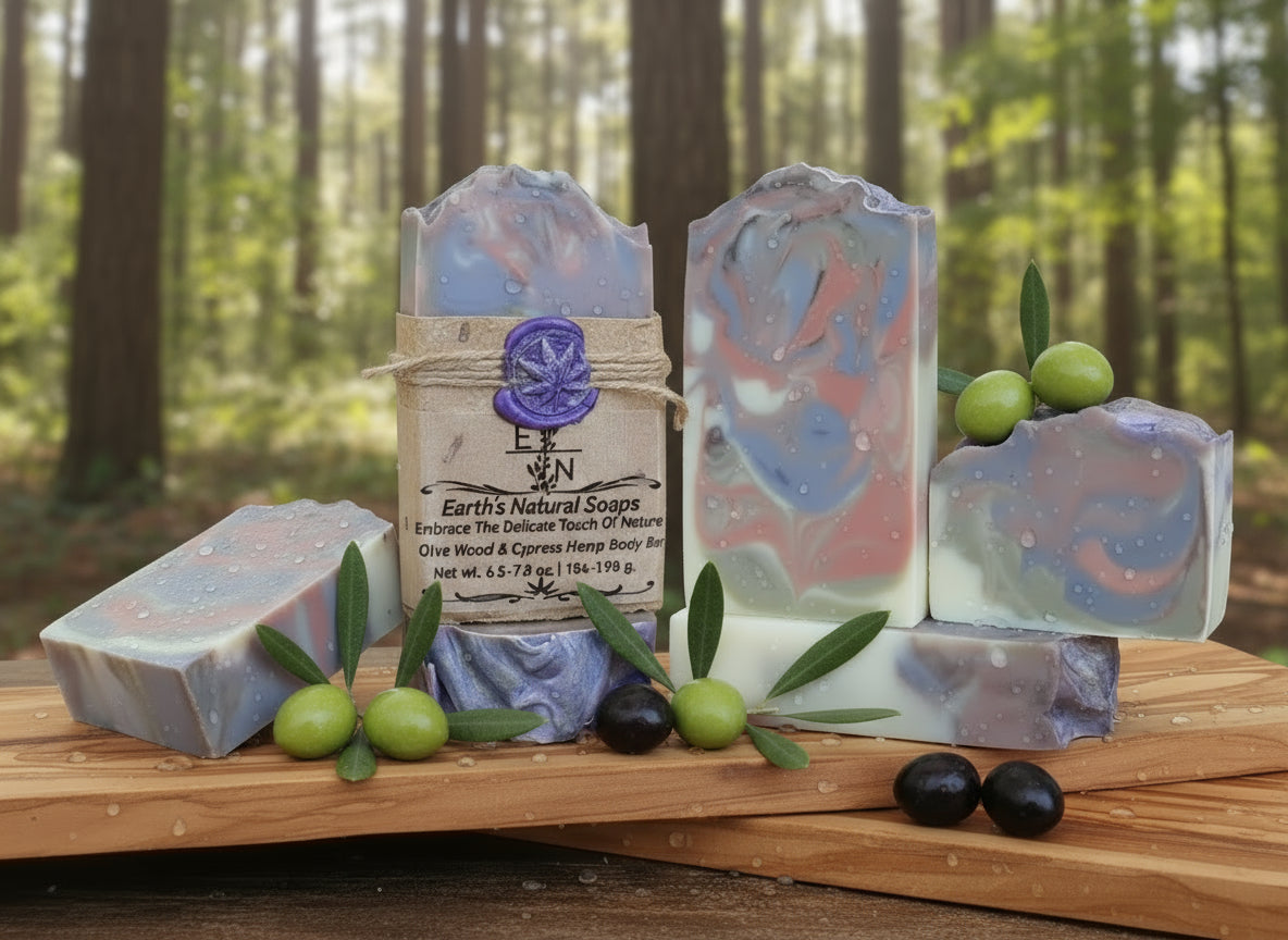 Handmade olive wood cypress hemp body bar in eco-friendly packaging – perfect gift size