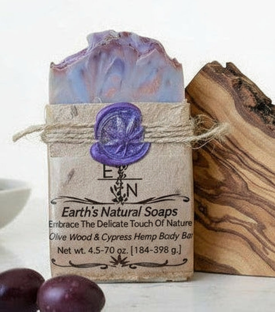 Handmade olive wood cypress hemp body bar in eco-friendly packaging – perfect gift size
