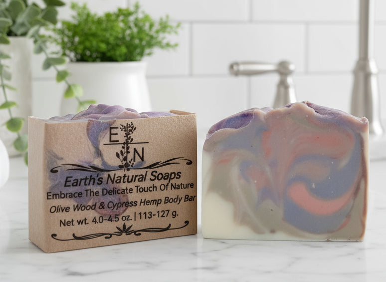 Handmade olive wood cypress hemp body bar in eco-friendly packaging – perfect gift size