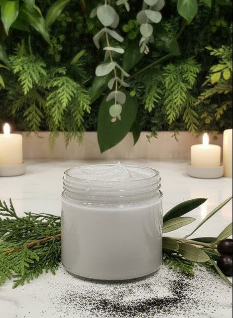 Earthy handmade body butter with olivewood and cypress scents plus activated charcoal. Nourish and purify naturally with organic ingredients for refreshed skin