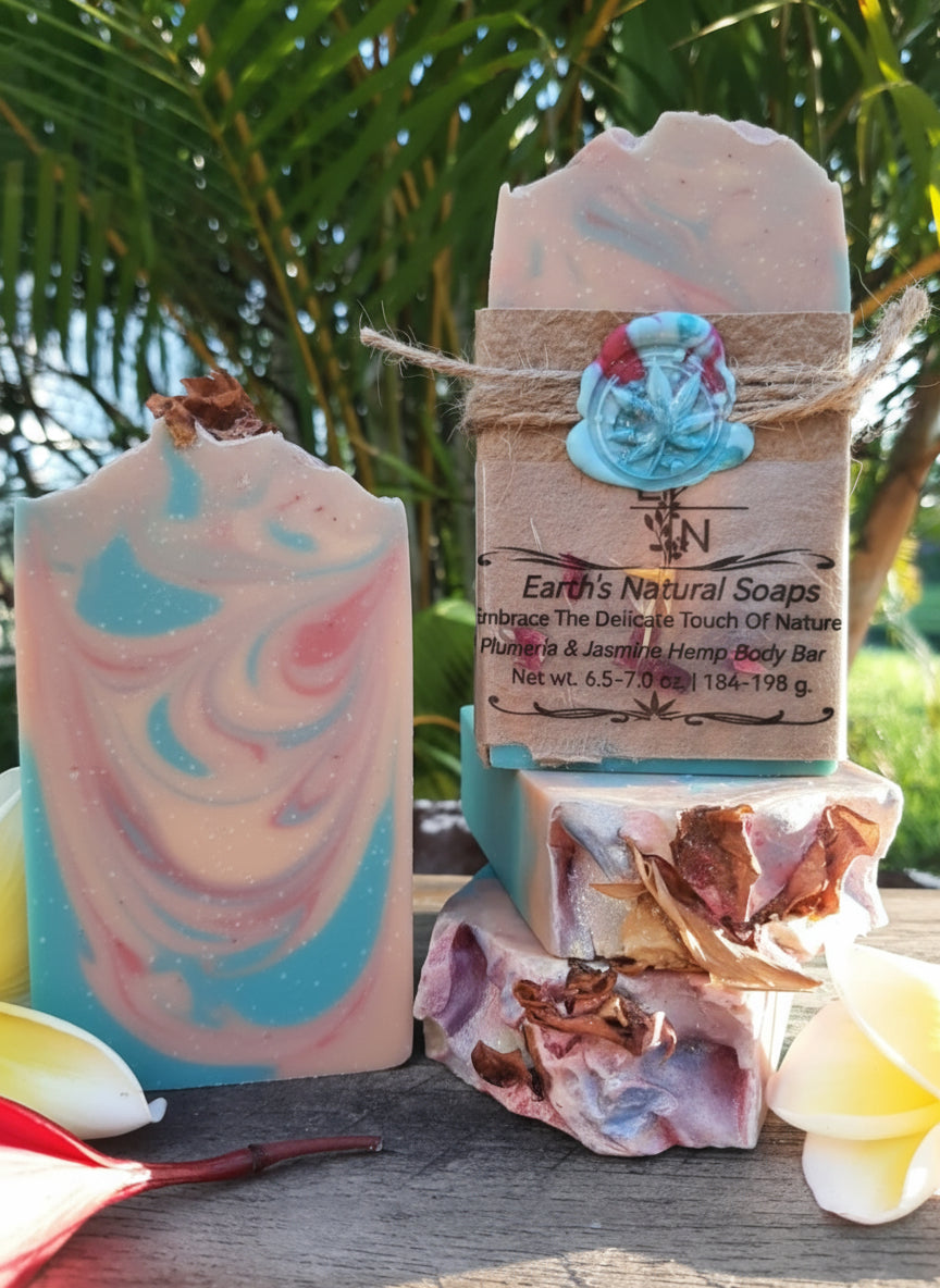 Handmade plumeria jasmine tallow hemp soap with pink and white swirl – spicy floral scent, moisturizing for face & body – Earth’s Natural Soaps