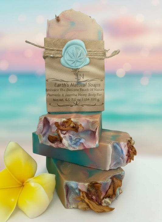 Handmade plumeria jasmine tallow hemp soap with pink and white swirl – spicy floral scent, moisturizing for face & body – Earth’s Natural Soaps