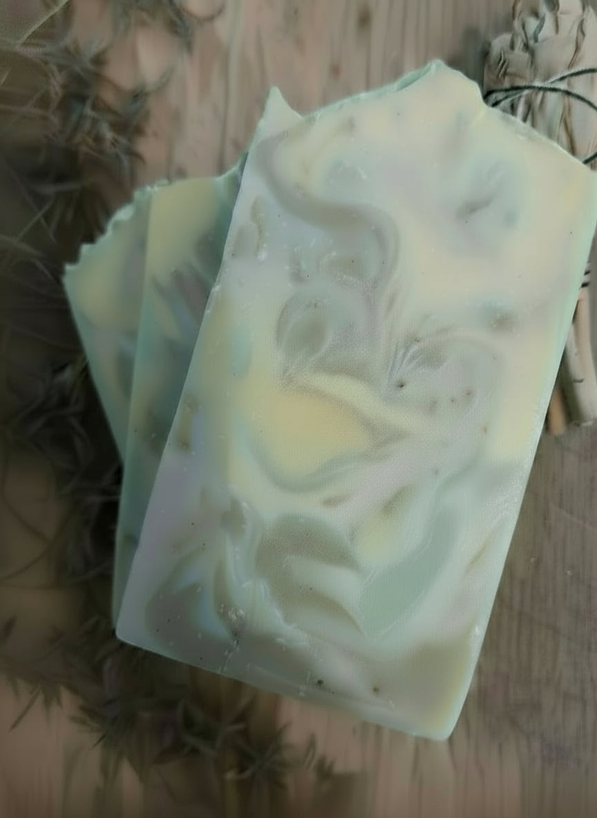 Handmade Sage & Lemongrass bentonite clay tallow hemp soap – crisp herbal citrus scent, gentle detox & exfoliation – Earth’s Natural Soaps