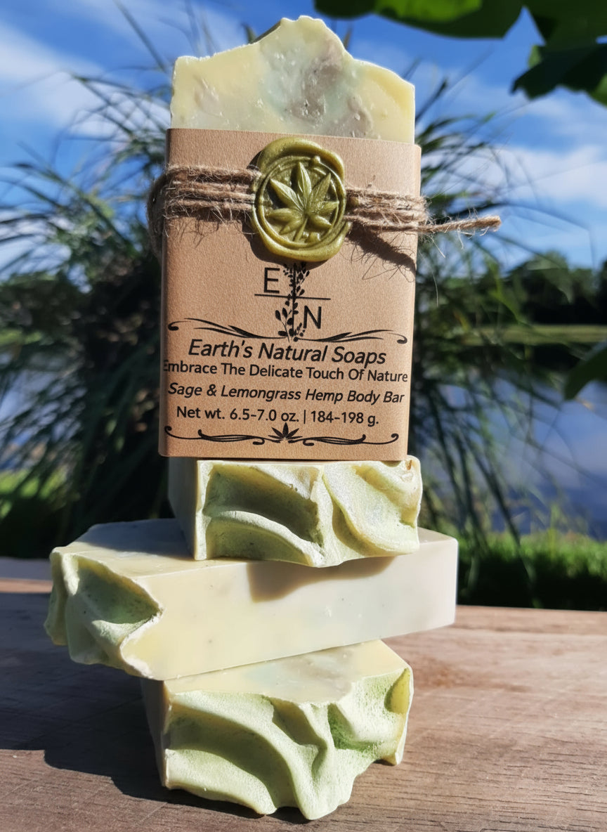 Handmade Sage & Lemongrass bentonite clay tallow hemp soap – crisp herbal citrus scent, gentle detox & exfoliation – Earth’s Natural Soaps