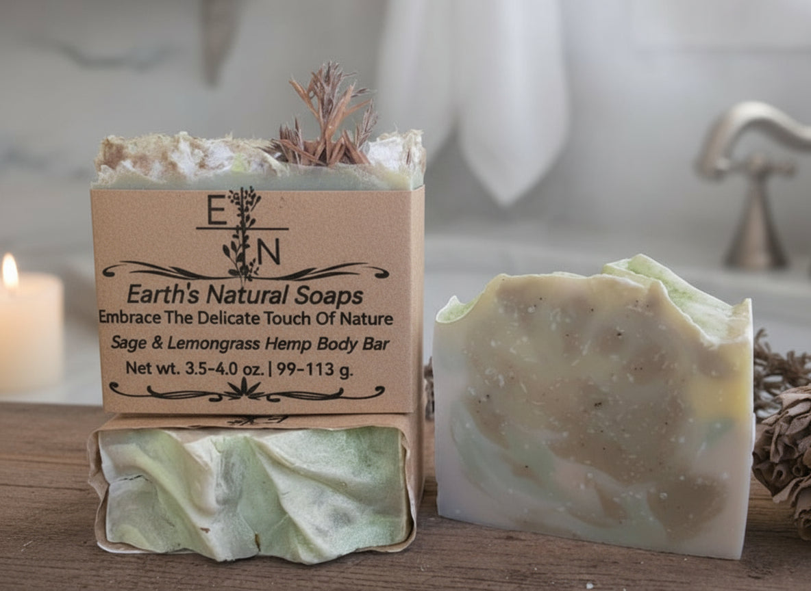 Handmade Sage & Lemongrass bentonite clay tallow hemp soap – crisp herbal citrus scent, gentle detox & exfoliation – Earth’s Natural Soaps
