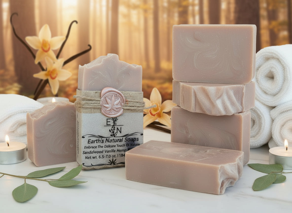 Handmade Sandalwood Vanilla tallow hemp soap – warm woody creamy scent, calming & moisturizing for face & body – Earth’s Natural Soaps