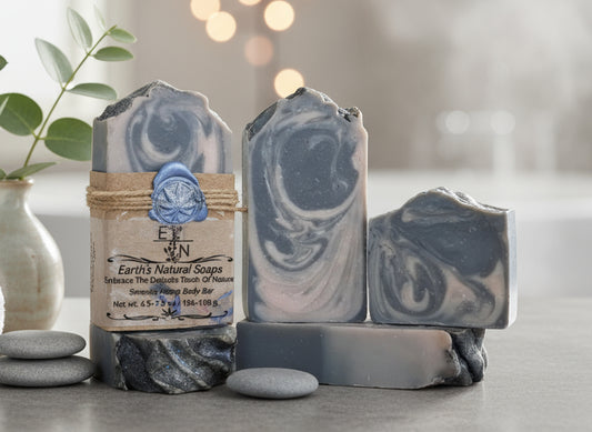 Handmade Serenity activated charcoal tallow hemp soap with ozone, calamus & petrichor – deep detox, fresh rain scent – Earth’s Natural Soaps