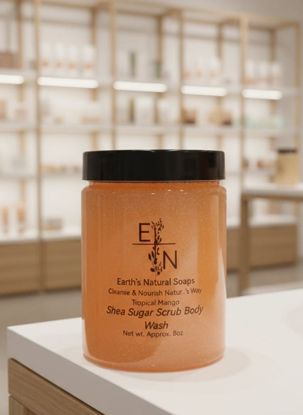Tropical Botanical Mango Sugar Body Scrub jar, featuring natural exfoliating sugar and hydrating mango extracts for smooth skin